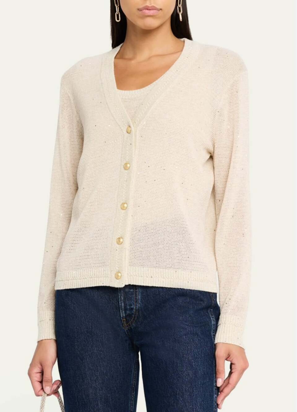 Kobi Halperin Anthia Sequin Button-Down Sweater in Cream Metallic Size Medium